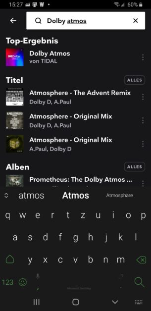 Suchfunktion von Tidal zeigt Dolby Atmos Musik