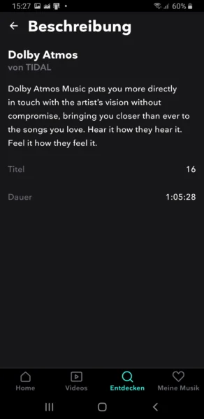 Dolby Atmos Erläuterung in der Tidal App