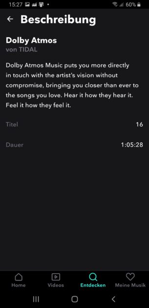Dolby Atmos Erläuterung in der Tidal App