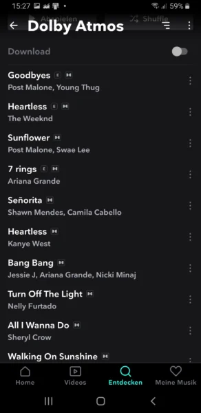 Auflistung der Dolby Atmos Songs bei Tidal