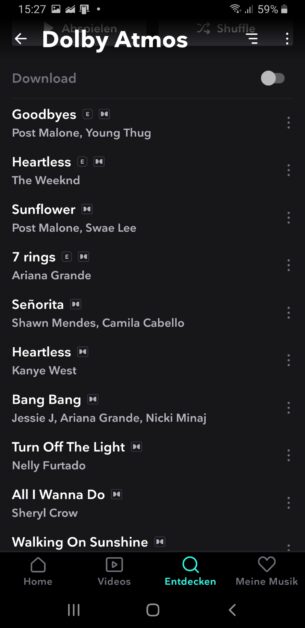 Auflistung der Dolby Atmos Songs bei Tidal