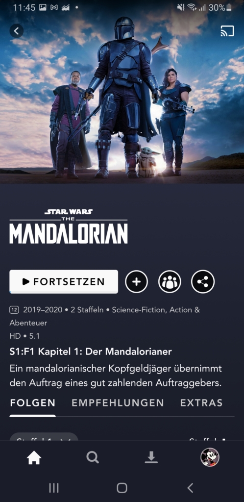 The Mandalorian Staffel 2 exklusiv auf Disney+ (Ansicht aus der Android App)