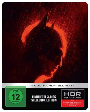 The Batman 4K Steelbook mit Robert Pattinson (Frontcover, roter Hintergrund)