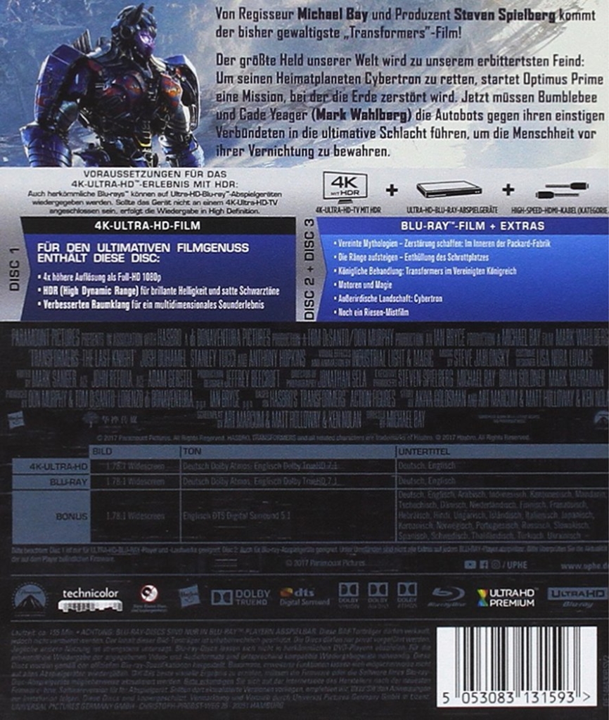 Transformers 5 4K Blu-ray Disc Backcover