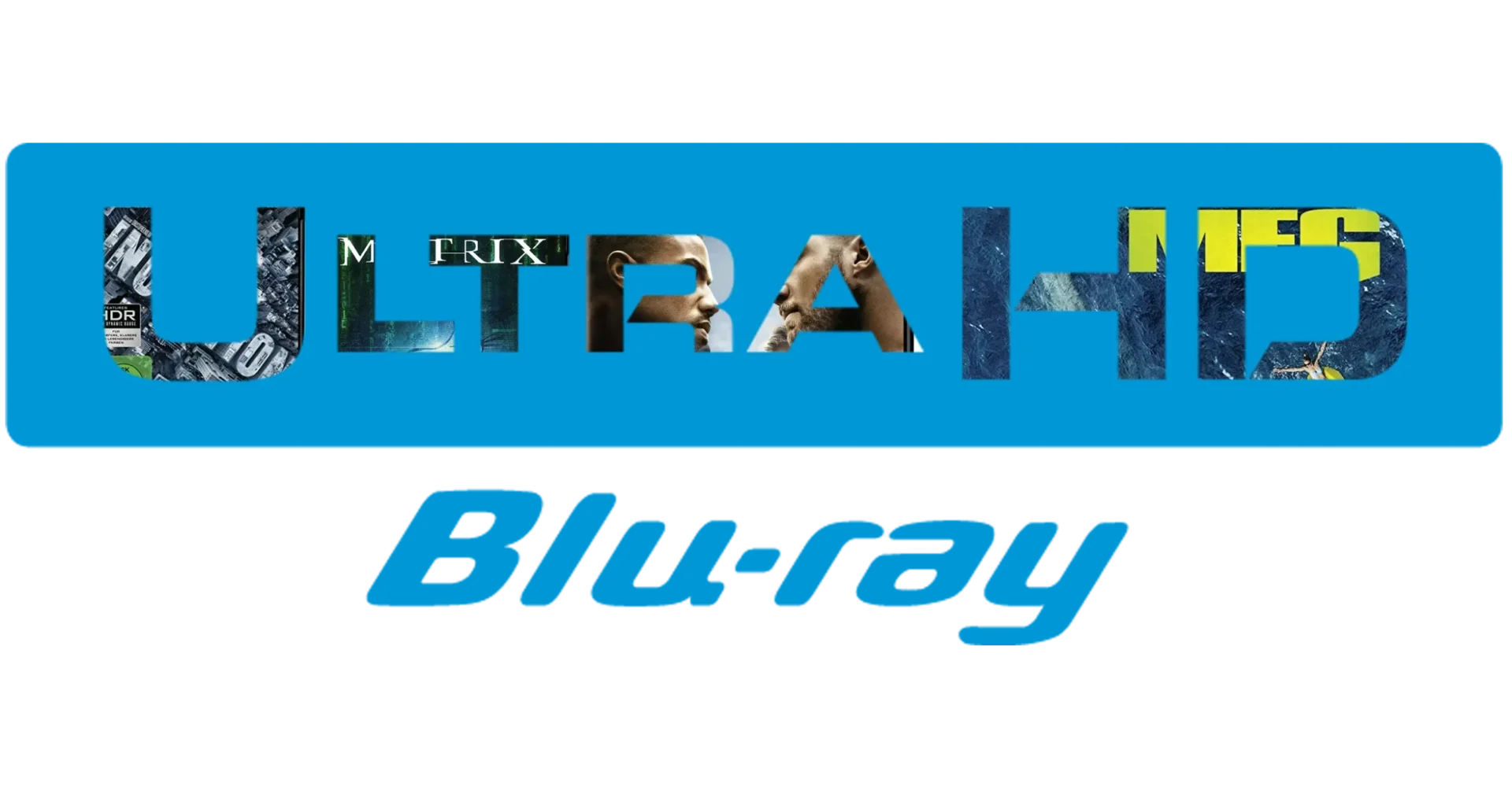 Offizielles 4K Ultra HD Blu-ray Disc Logo mit Filmen in den Buchstaben
