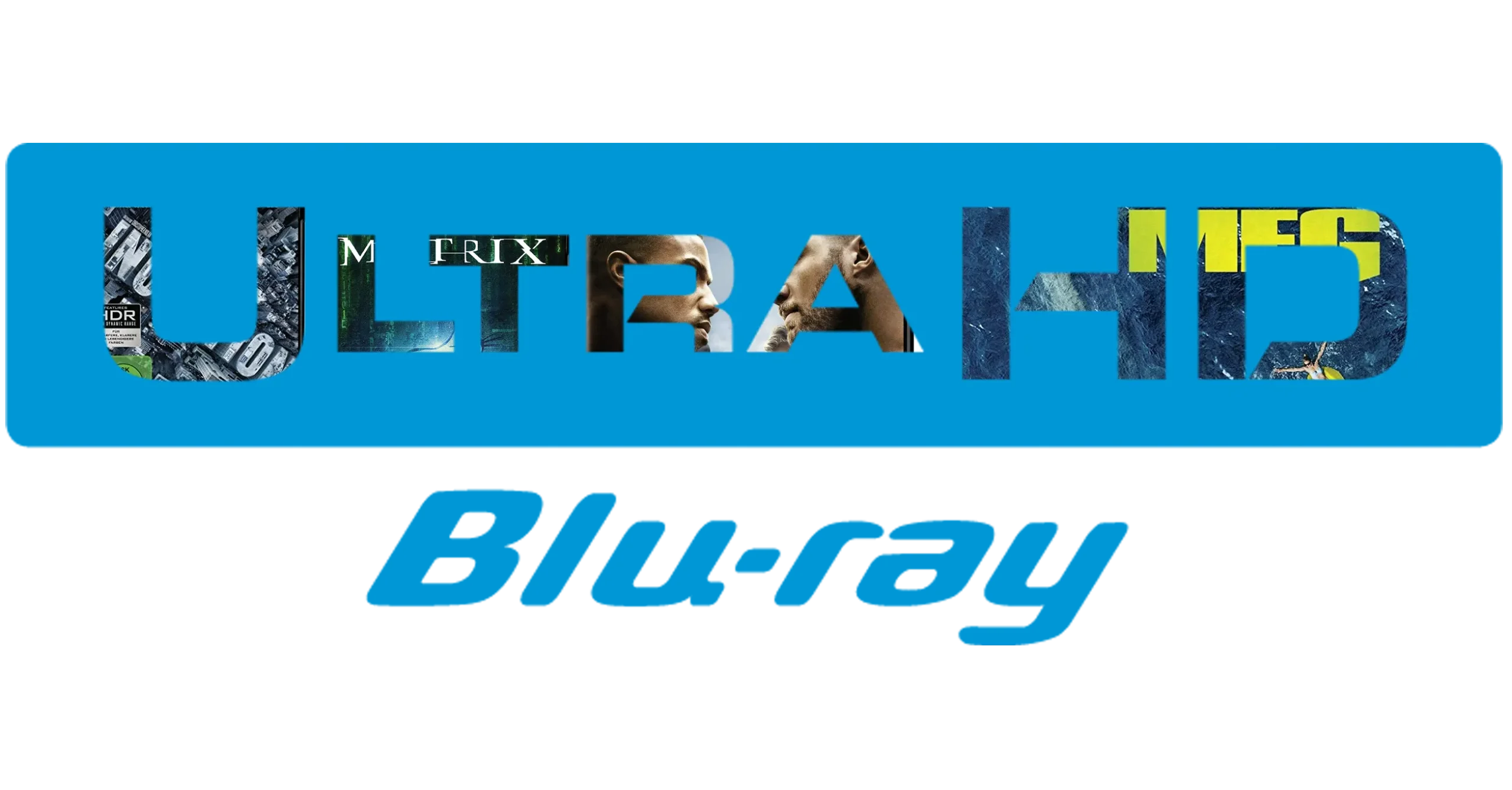 Offizielles 4K Ultra HD Blu-ray Disc Logo mit Filmen in den Buchstaben