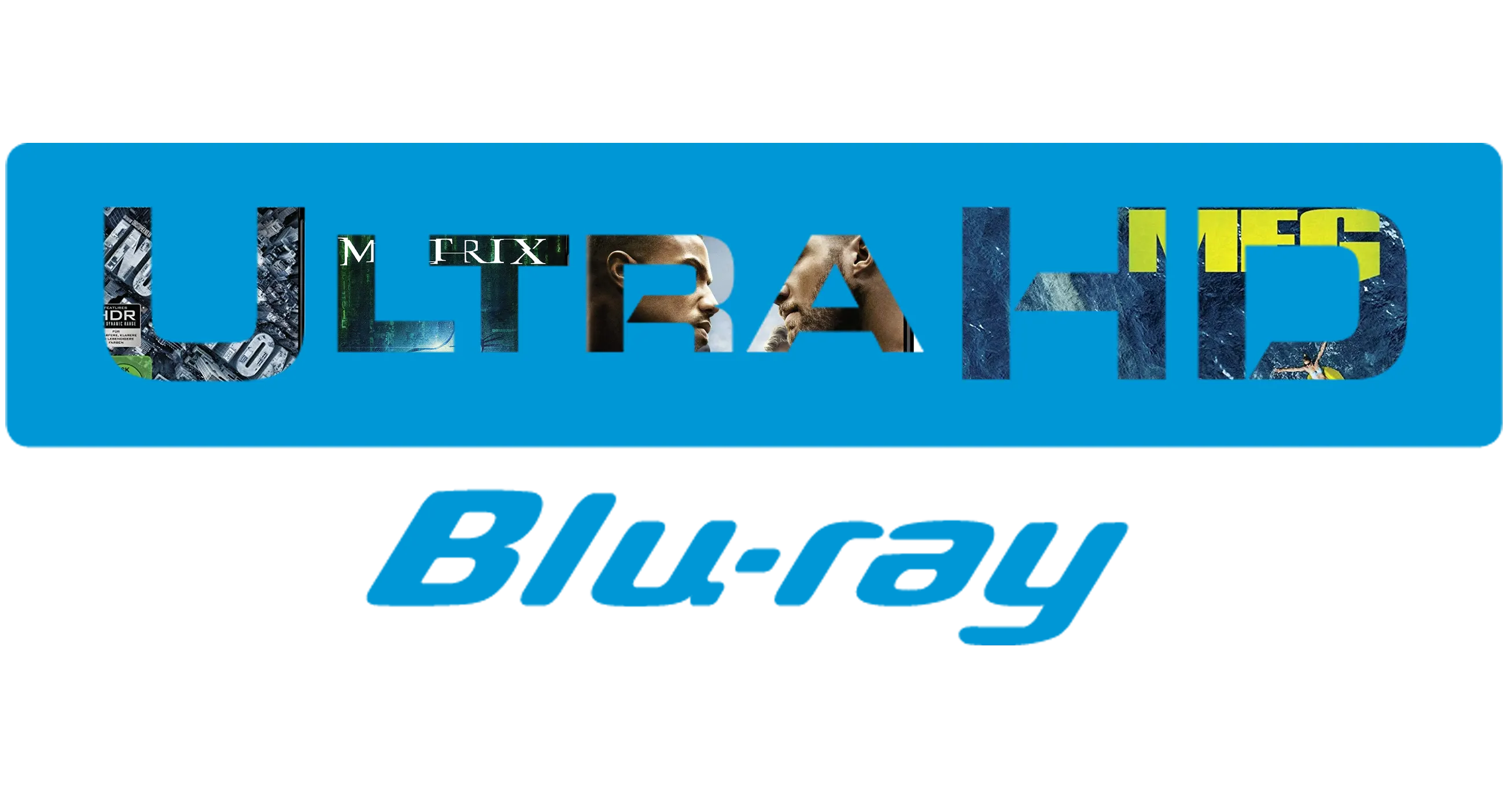 Offizielles 4K Ultra HD Blu-ray Disc Logo mit Filmen in den Buchstaben