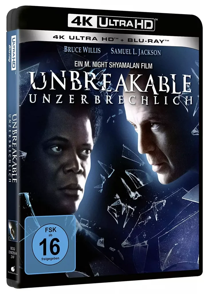 M. Night Shyamalan Unbreakable - Unzerbrechlich - 4K Blu-ray Disc Cover mit Bruce Willis und Samuel L. Jackson