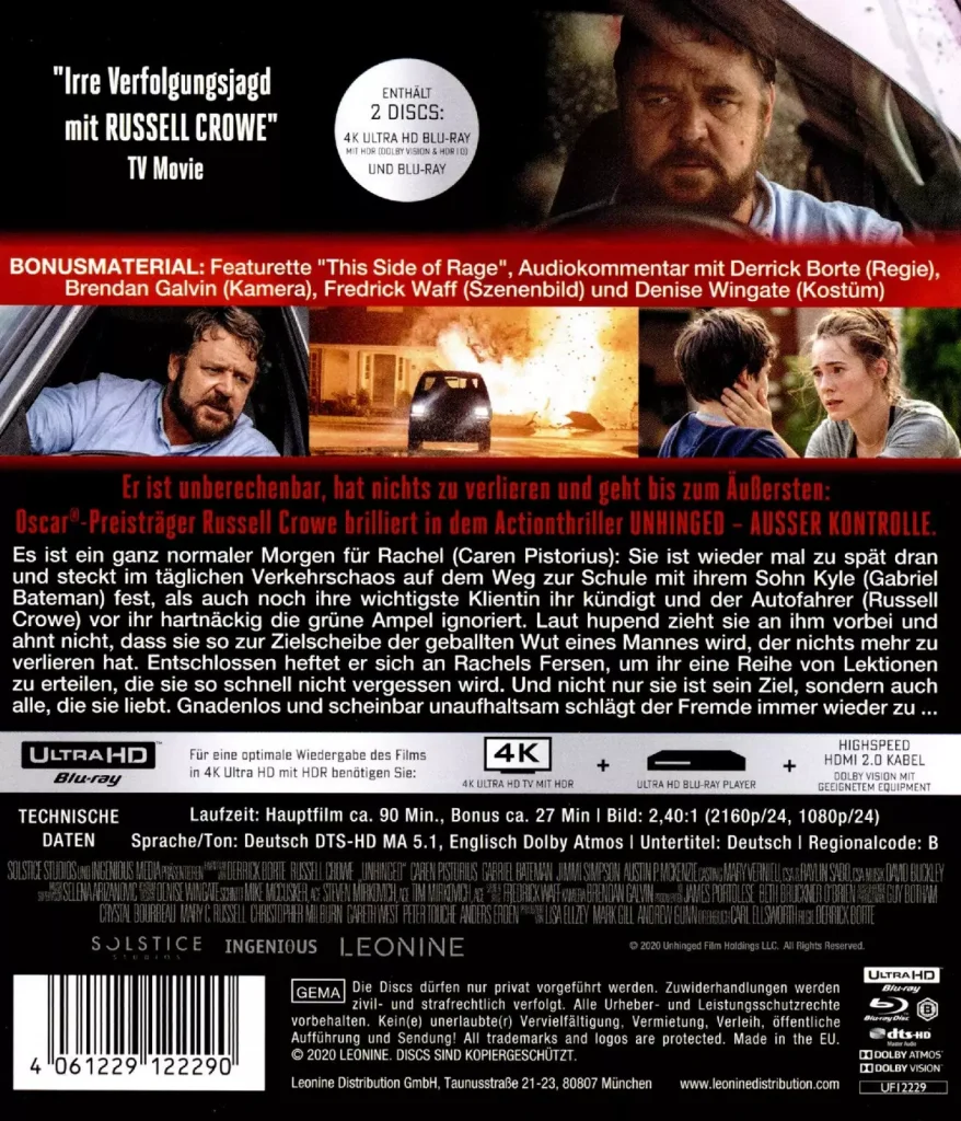 Unhinged 4K Blu-ray Backcover mit Tonformaten (Dolby Atmos)