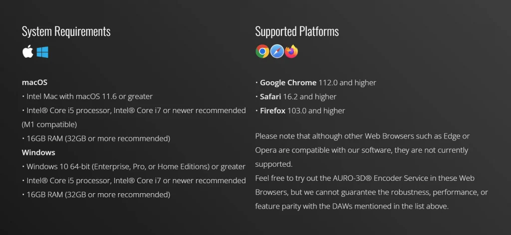Unterstützte Plattformen der Auro 3D Service Suite.
