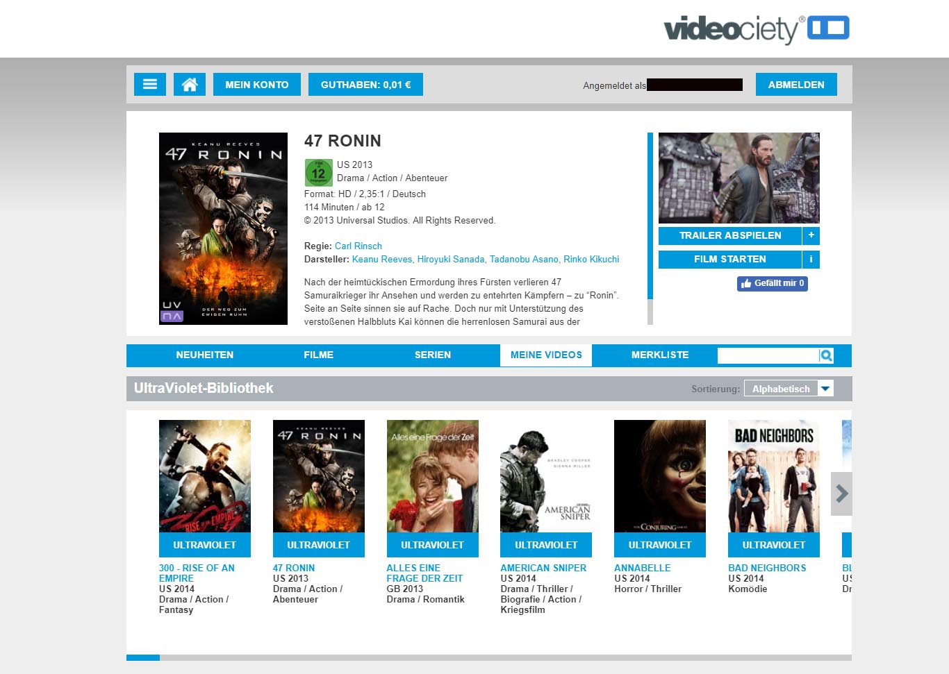 Filmwiedergabe der UV Bibliothek bei Videociety