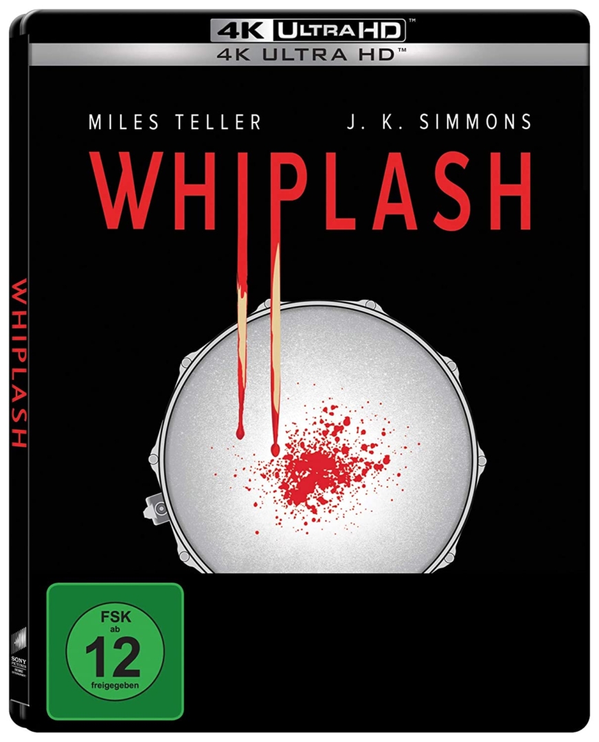 Whiplash 4K UHD Steelbook Cover mit einem blutigen Schlagzeug und Drumsticks